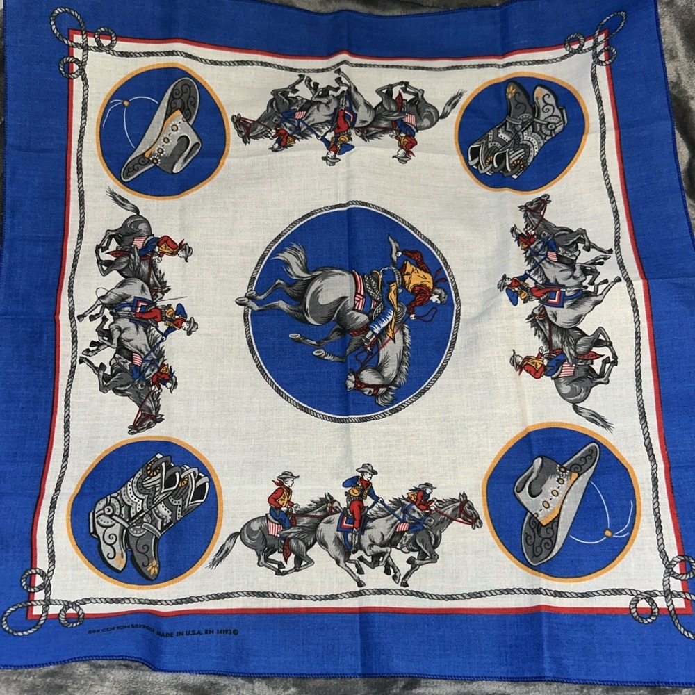 Vintage Rodeo Cowboy Horse Bandana Made in USA Hav-A-Hank Western 50/50 RN14193